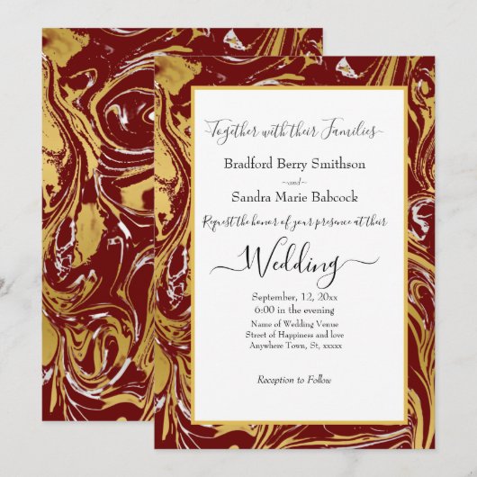 Elegant Marsala Gold Marble Wedding-uitnodiging Aankondiging (Voorkant / Achterkant)