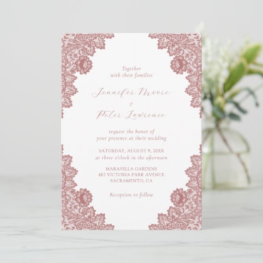 Elegant Marsala Lace Wedding Invitation Kaart (Staand voorkant)