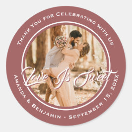 Elegant Marsala Love is Sweet Weduwfoto Ronde Sticker