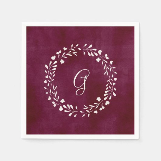 Elegant Marsala | Monogram met krans Servet (Voorkant)