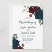 Elegant Marsala & Navy Flowers Rustic Wedding Kaart (Voorkant)