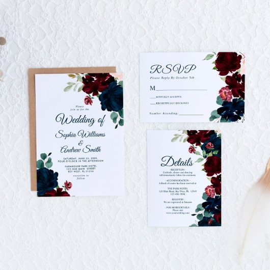Elegant Marsala & Navy Flowers Rustic Wedding Kaart
