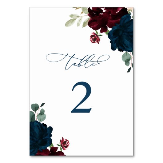 Elegant Marsala & Navy Flowers Tabel 2 Weddenschap Kaart (Voorkant)