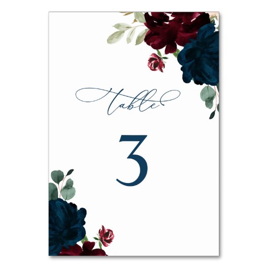 Elegant Marsala & Navy Flowers Tabel 3 Weddenschap Kaart (Voorkant)