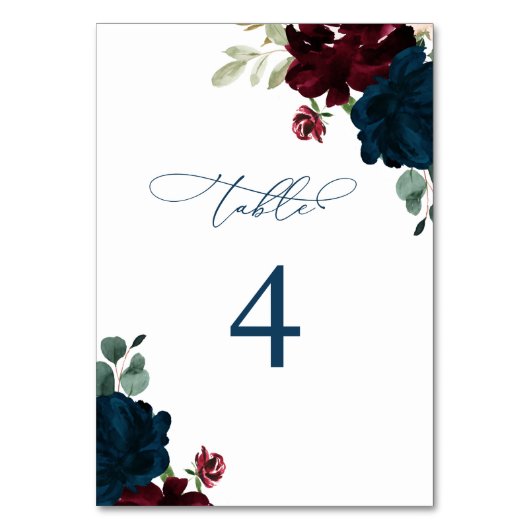 Elegant Marsala & Navy Flowers Tabel 4 Weddenschap Kaart (Achterkant)
