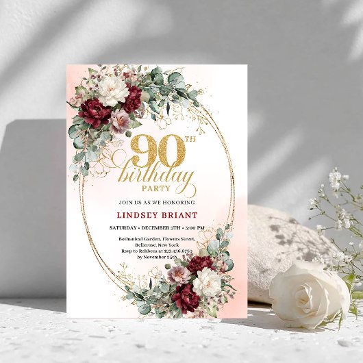Elegant Marsala Peonies Eucalyptus 90th Birthday  Kaart