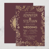 Elegant Marsala Red Burgundy Gold Floral Wedding Kaart (Voorkant / Achterkant)