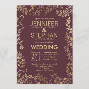 Elegant Marsala Red Burgundy Gold Floral Wedding Kaart