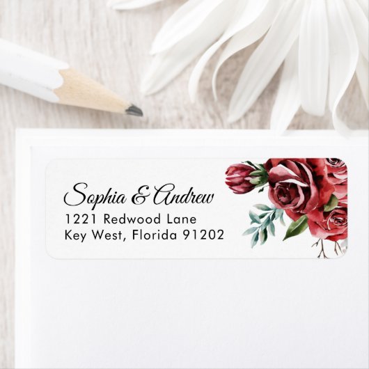 Elegant Marsala Red Rose Rustic  Wedding Address Etiket (Insitu)