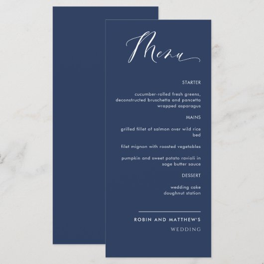 Elegant marvy Blue Calligraphy Wedding Menu (Voorkant / Achterkant)