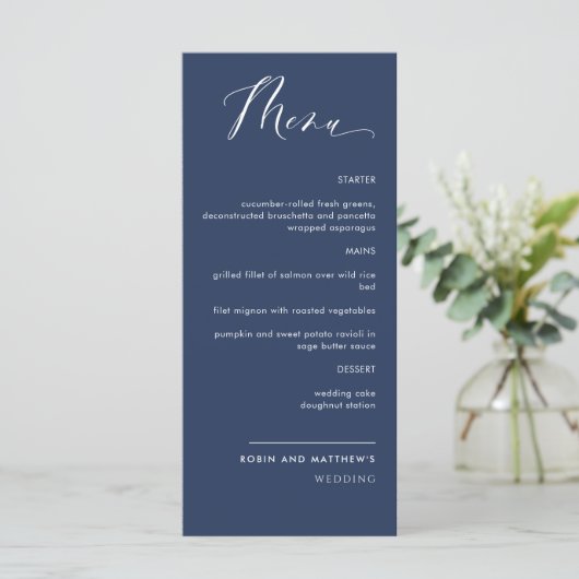 Elegant marvy Blue Calligraphy Wedding Menu (Staand voorkant)