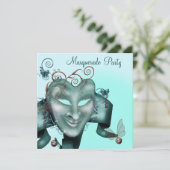 Elegant mask turquoise-blauw gemaskerd bal kaart (Staand voorkant)