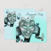 Elegant Masker Blauwgroen Blue Masquerade Party Kaart (Voorkant / Achterkant)
