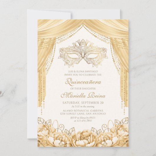 Elegant masker Masquerade Gold Quinceanera Kaart (Voorkant)