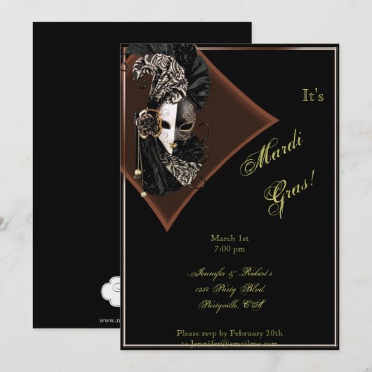 Elegant Masker op Black Bronze Mardi Gras Party Kaart (Voorkant / Achterkant)