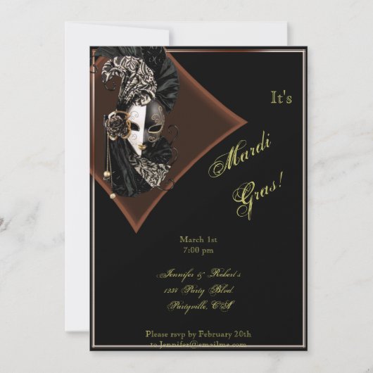 Elegant Masker op Black Bronze Mardi Gras Party Kaart (Voorkant)