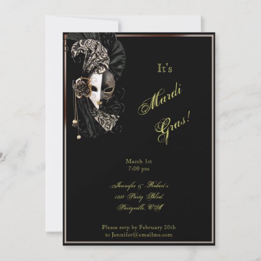 Elegant Masker op Black Mardi Gras Party Kaart (Voorkant)