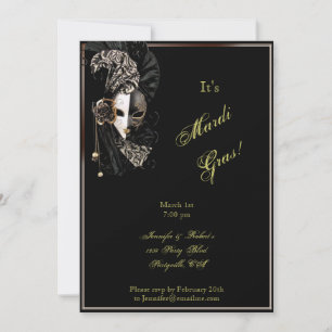 Elegant Masker op Black Mardi Gras Party Kaart