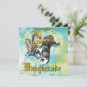 Elegant maskerade gouden pet blauwgroen florale ch kaart (Staand voorkant)
