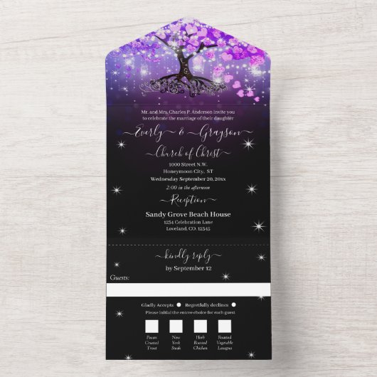 Elegant Mason Jar Paars Heart Leaf Tree Weddenscha All In One Uitnodiging (Binnen)