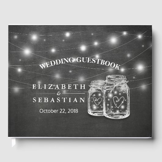 Elegant Mason Jar String Lights Chalkboard Wedding Gastenboek (Voorkant)