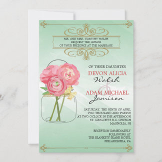 Elegant Mason Jar Wedding Invitation Pink & Green Kaart