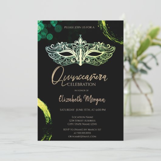 Elegant Masque, Chique Masquerade Quinceañera Kaart (Staand voorkant)