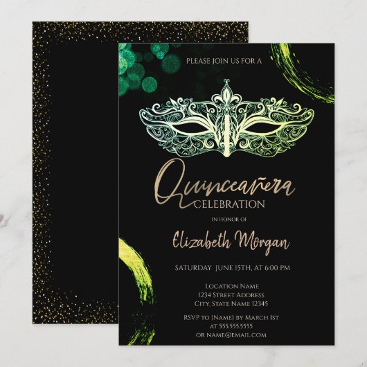 Elegant Masque, Chique Masquerade Quinceañera Kaart (Voorkant / Achterkant)