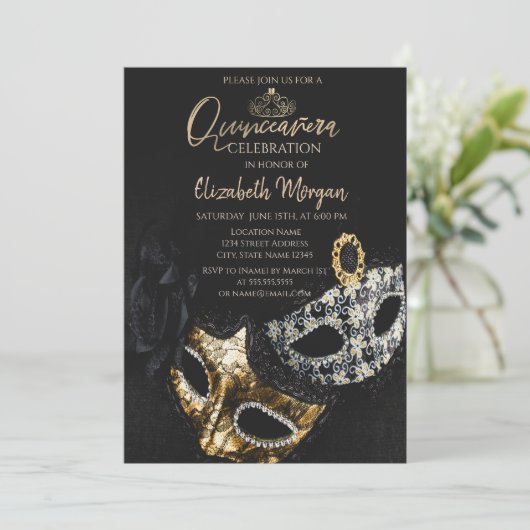 Elegant Masque, Confetti Masquerade Quinceañera Kaart (Staand voorkant)