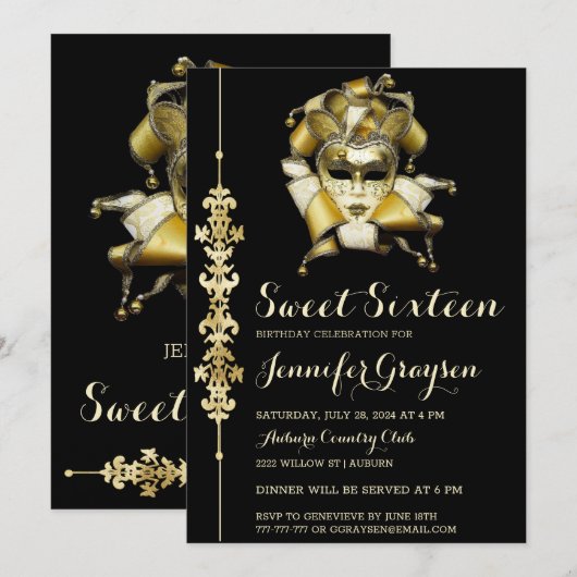 Elegant Masquerade Ball Birthday Uitnodiging (Voorkant / Achterkant)