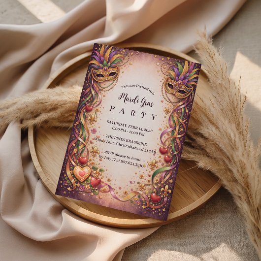 Elegant Masquerade Hearts Mardi Gras Kaart