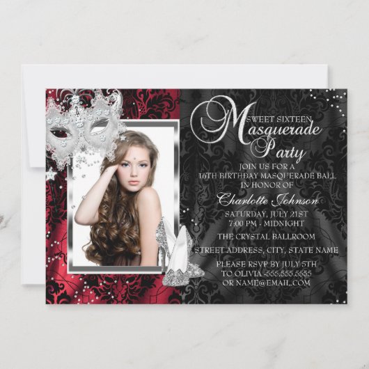 Elegant Masquerade & Heels Red Masquerade Sweet 16 Kaart (Voorkant)