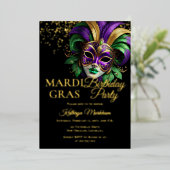 Elegant Masquerade Mask Mardi Gras Birthday Party Folie Uitnodiging (Staand Voorkant)