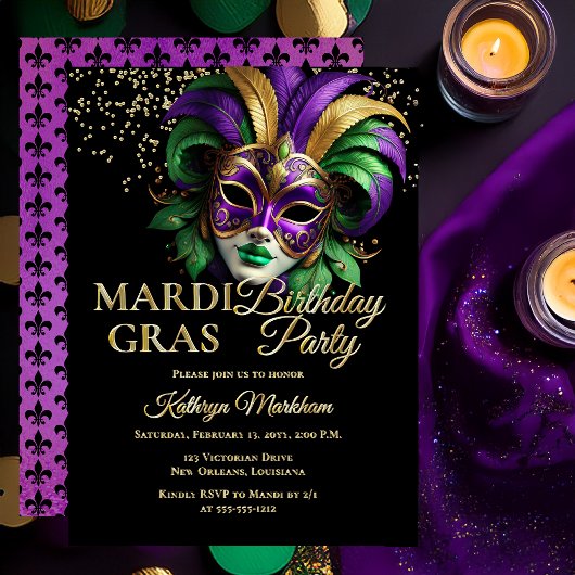 Elegant Masquerade Mask Mardi Gras Birthday Party Folie Uitnodiging