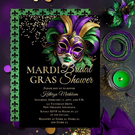 Elegant Masquerade Mask Mardi Gras Bridal Shower Folie Uitnodiging