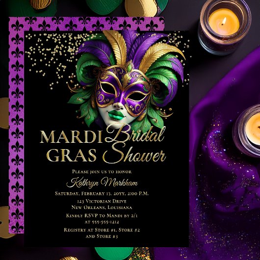 Elegant Masquerade Mask Mardi Gras Bridal Shower Folie Uitnodiging