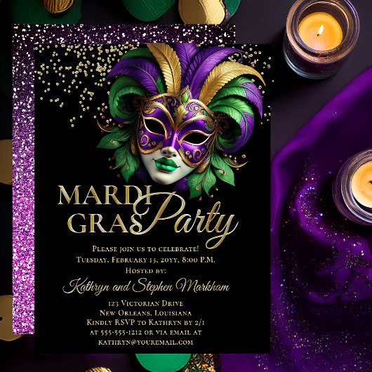 Elegant Masquerade Mask Mardi Gras Party Folie Uitnodiging
