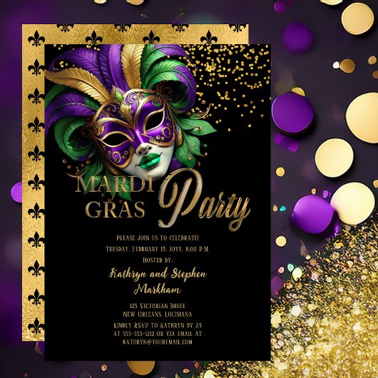 Elegant Masquerade Mask Mardi Gras Party Kaart