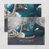 Elegant Masquerade Mask & Pearls Save the Date Aankondigingskaart (Voorkant / Achterkant)