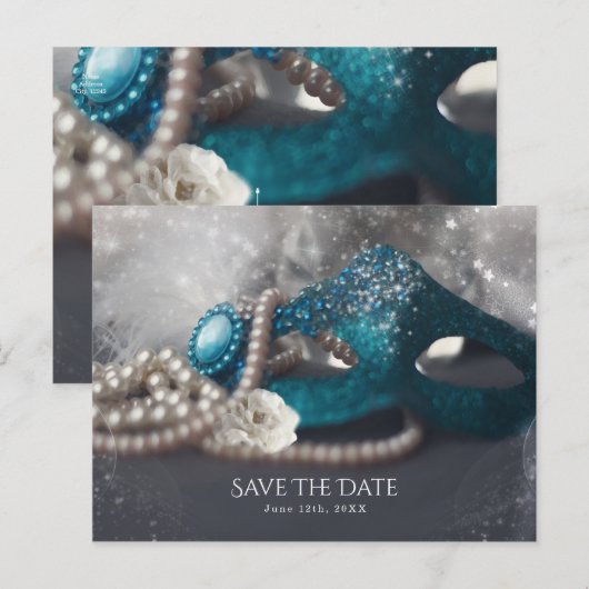 Elegant Masquerade Mask & Pearls Save the Date Aankondigingskaart (Voorkant / Achterkant)