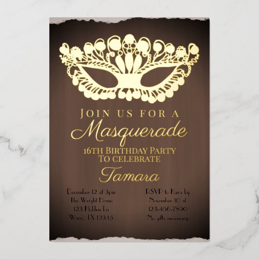 Elegant Masquerade Sixtetiende verjaardag Folie Uitnodiging (Voorkant)