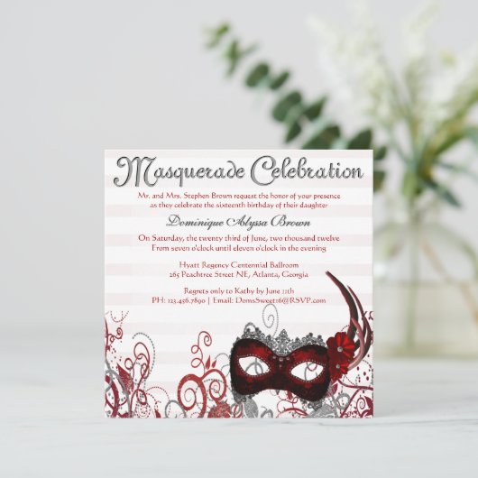 Elegant Masquerade Swirl Invite [Rood] Kaart (Staand voorkant)