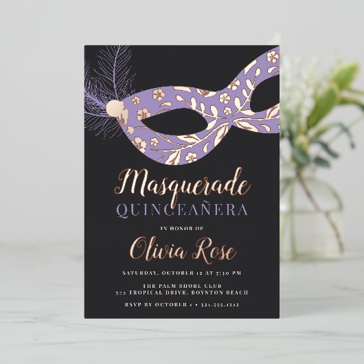 Elegant Masquerade Theme Quinceanera Folie Uitnodiging (Staand Voorkant)