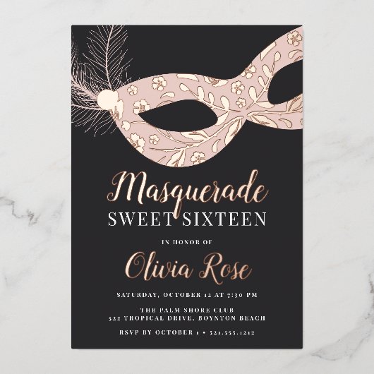 Elegant Masquerade Theme Sweet Sixteen Folie Uitnodiging (Voorkant)