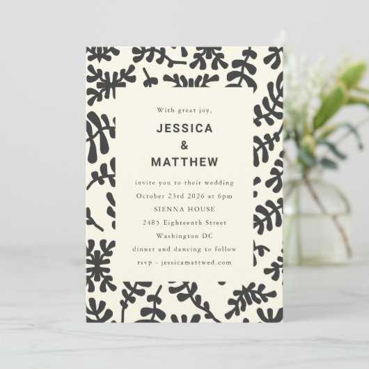 Elegant Matisse Botanical Black White Wedding Kaart (Staand voorkant)