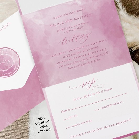 Elegant Mauve and Pink Waterverf Monogram Weddensc All In One Uitnodiging