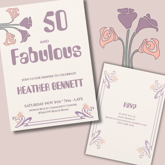 Elegant Mauve Art Nouveau Fabulous 50 Birthday Kaart