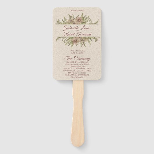 Elegant Mauve Bloem- en Groenbruiloftsprogramma Handwaaier (Voorkant)