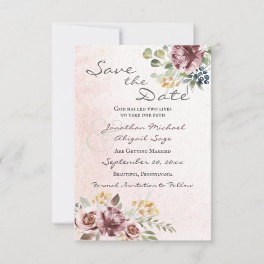 Elegant Mauve Blush Pink Floral Christelijk Wedden Save The Date (Voorkant)