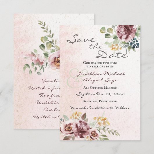 Elegant Mauve Blush Pink Floral Christelijk Wedden Save The Date (Voorkant / Achterkant)
